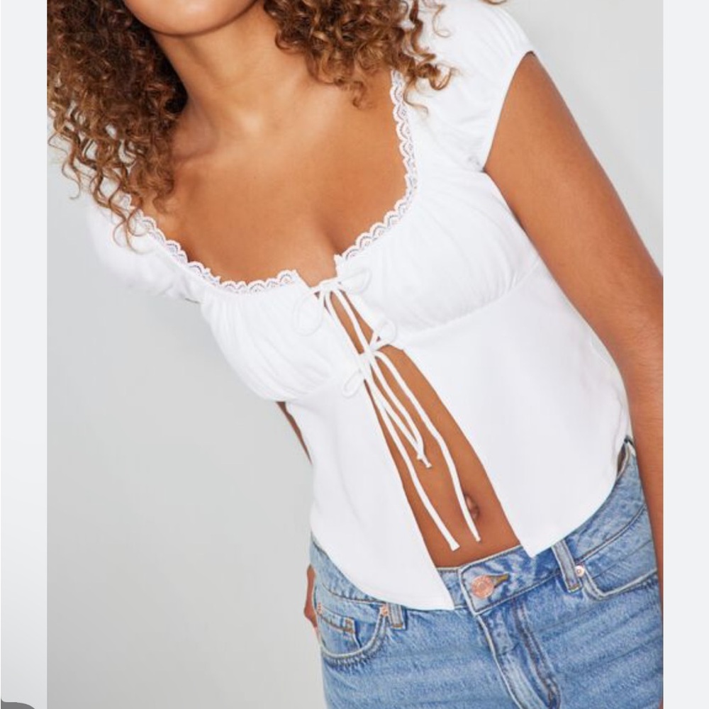 GARAGE Puff Sleeve Tie Front Top White